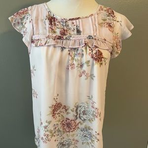 LOFT Pale Pink Floral Ruffle Cap-Sleeve Blouse